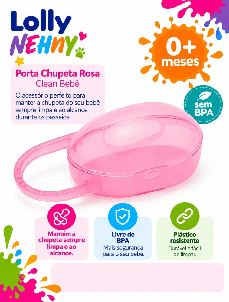 Porta Chupeta Clean com Alça Rosa - Lolly