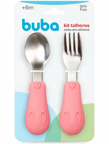 Kit Talheres com Cabo em Silicone Rosa - Buba