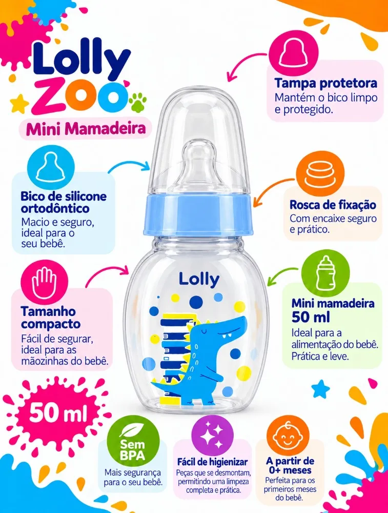 Mini Mamadeira 50ml Azul Zoo  - Lolly