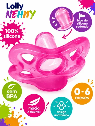 Chupeta Silicone Bico Redondo Rosa - Lolly Nenny