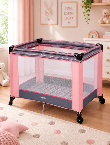 Berço Cercadinho Infantil Fit Rosa Geo - Voyage