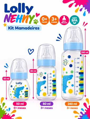 Kit Mamadeiras 240ml, 80ml e 50ml com Silicone Masculino - Lolly