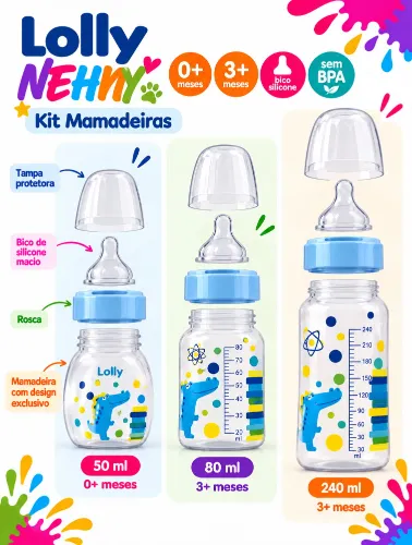 Kit Mamadeiras 240ml, 80ml e 50ml com Silicone Masculino - Lolly