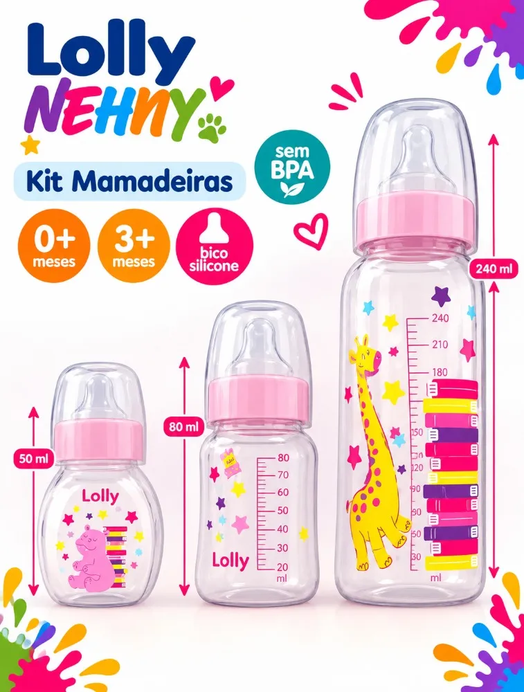 Kit Mamadeiras 240ml, 80ml e 50ml com Silicone Feminina - Lolly
