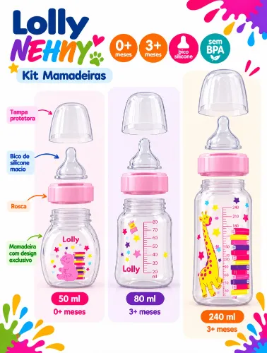 Kit Mamadeiras 240ml, 80ml e 50ml com Silicone Feminina - Lolly
