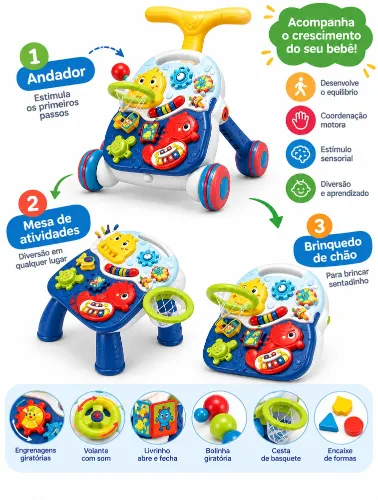 Andador Infantil Fundo do Mar Amarelo e Azul 2 em 1 - Zippy
