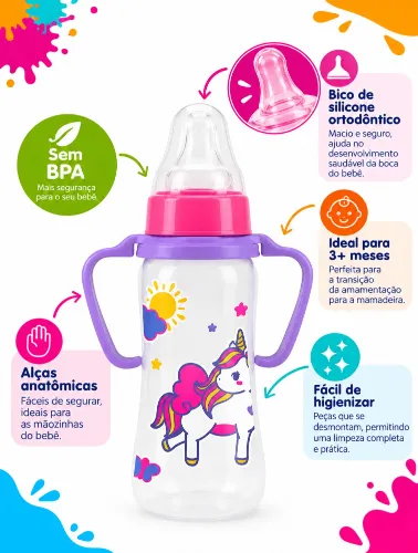 Mamadeira Viva 250ml C/ Alça e Bico de Silicone Feminino Unicórnio - Lolly