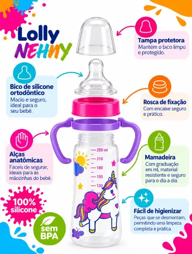 Mamadeira Viva 250ml C/ Alça e Bico de Silicone Feminino Unicórnio - Lolly