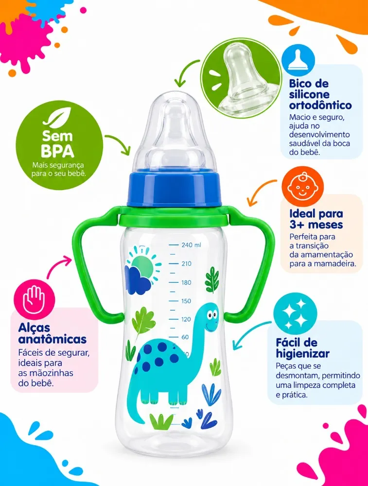 Mamadeira Viva 250ml C/Alça e Bico de Silicone Dino - Lolly
