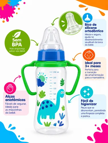 Mamadeira Viva 250ml C/Alça e Bico de Silicone  Dino - Lolly