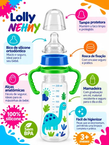 Mamadeira Viva 250ml C/Alça e Bico de Silicone  Dino - Lolly