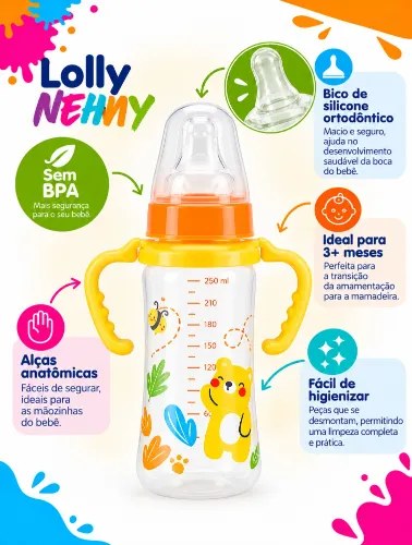 Mamadeira Viva 250ml C/ Alça e Bico de Silicone Neutra Urso - Lolly