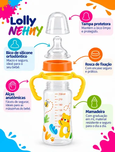 Mamadeira Viva 250ml C/ Alça e Bico de Silicone Neutra Urso - Lolly
