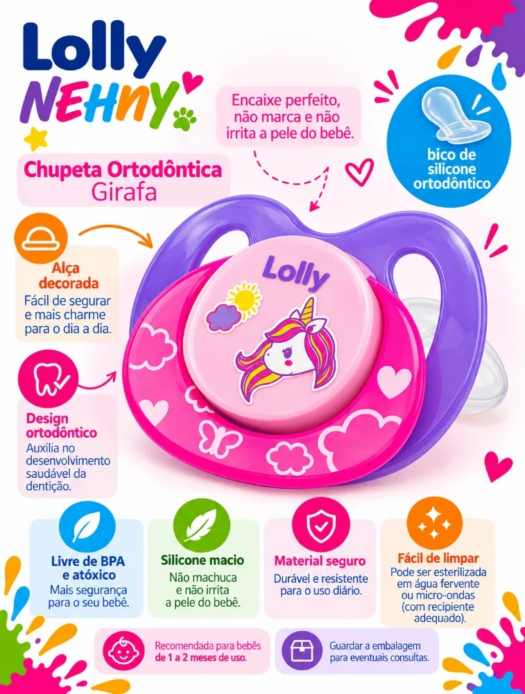 Chupeta Ortodôntica +6 Meses Silicone Unicórnio -  Lolly