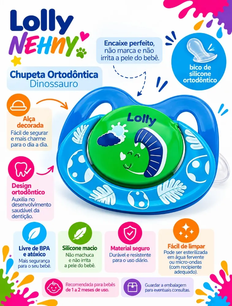Chupeta Ortodôntica +6 Meses Silicone Dinossauro -  Lolly