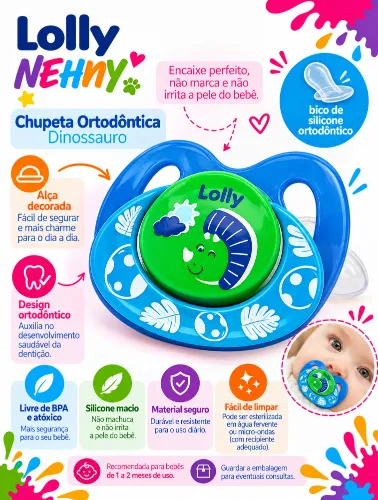 Chupeta Ortodôntica +6 Meses Silicone Dinossauro -  Lolly