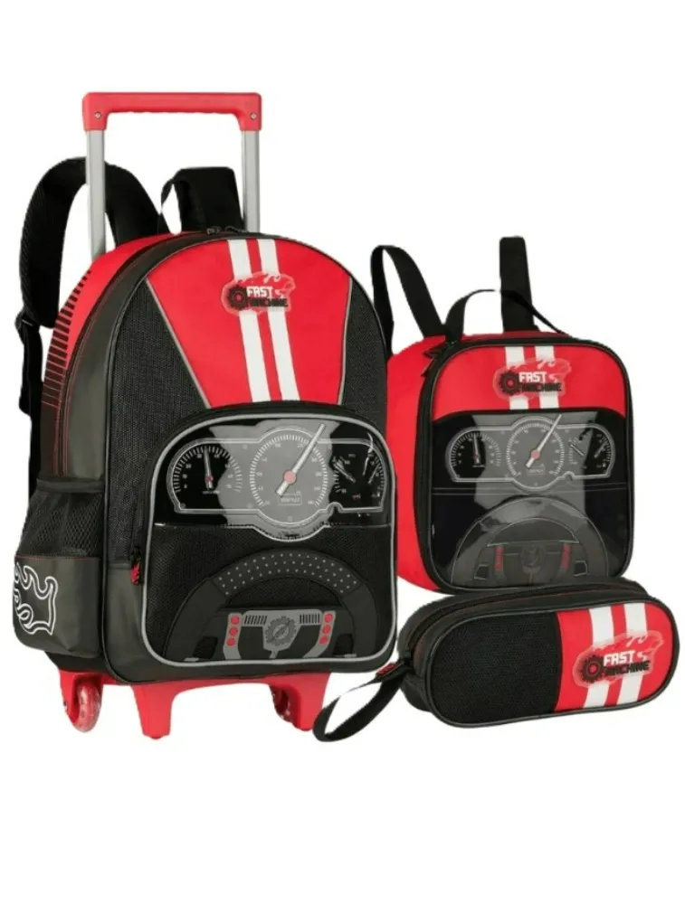 KIT MOCHILA COM CARRINHO, LANCHEIRA E ESTOJO FAST MACHINE FM25030K