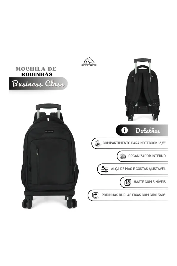 Mochila executiva carrinho comp p/ notebook preto