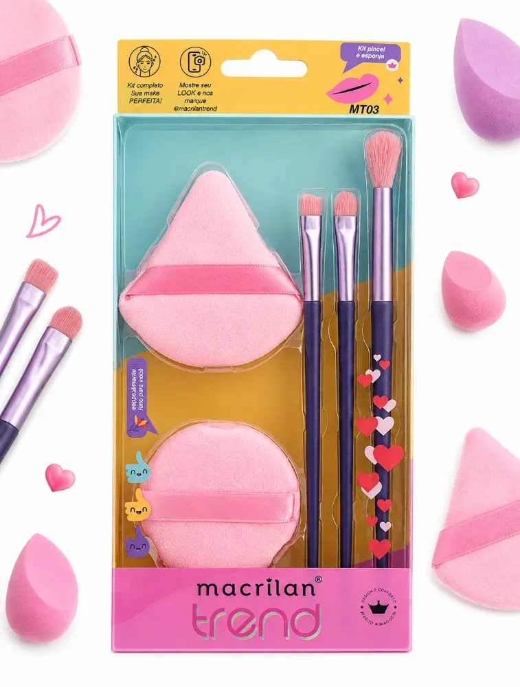 KIT 3 PINCEIS + DUAS ESPONJAS PARA MAQUIAGEM- MACRILAN