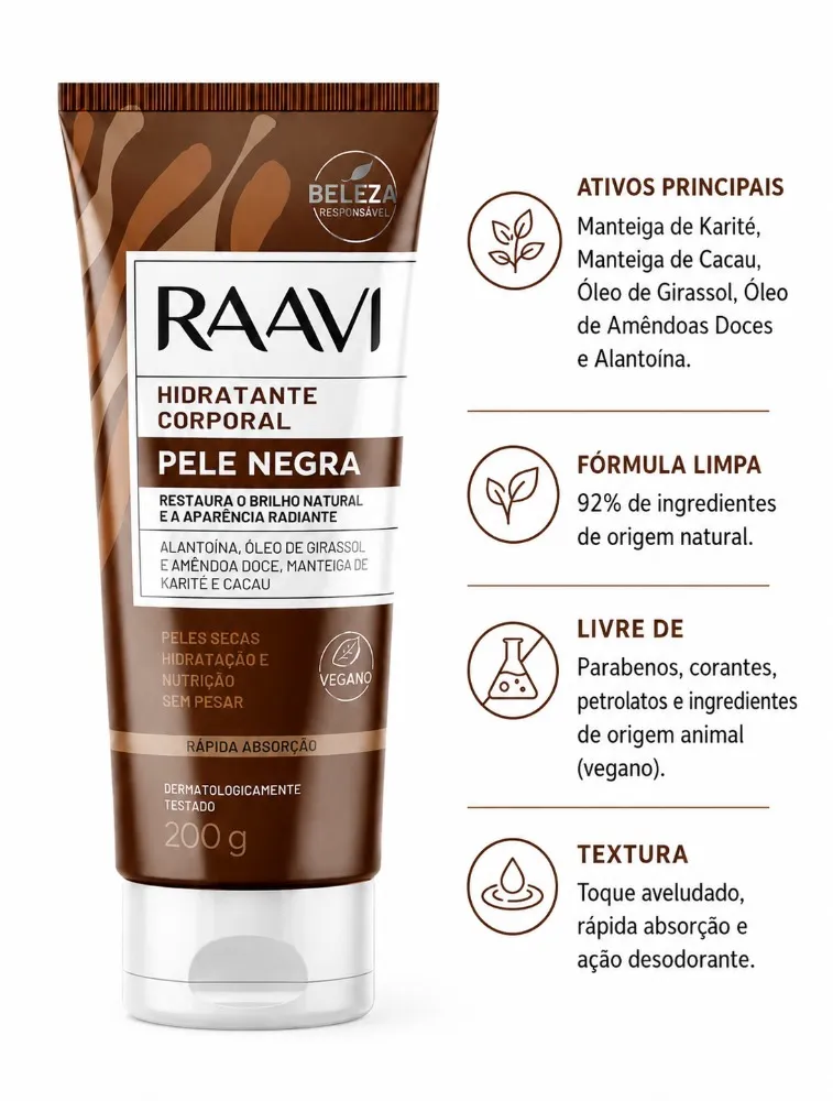RAAVI HIDRATANTE CORPORAL PELE NEGRA 200G