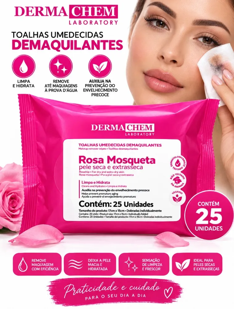 LENÇO DEMAQUILANTE C/ ROSA MOSQUETA 25 UNIDADES - DERMACHEM