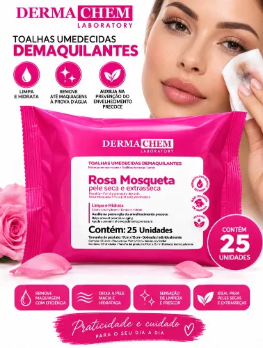LENÇO DEMAQUILANTE C/ ROSA MOSQUETA 25 UNIDADES - DERMACHEM