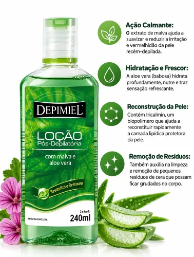 LOÇÃO PÓS DEPILATÓRIA COM MALVA E ALOE VERA - DEPIMIEL / 240ML