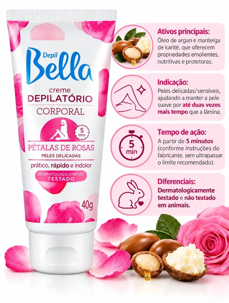 CREME DEPILATÓRIO FACIAL - PÉTALAS DE ROSAS (40G) - DEPIL BELLA