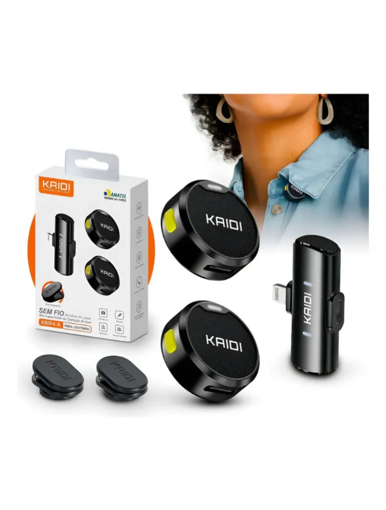 MICROFONE LAPELA KAIDI KMF4-A WIRELESS LIGHTNING PARA IPHONE PRETO
