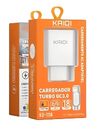 CARREGADOR TOMADA KAIDI  USB C/CABO LIGHTNING  KD-111A BRANCO