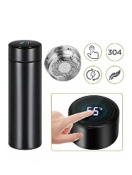GARRAFA TÉRMICA EM AÇO INOX 500ML COM TERMÔMETRO DIGITAL LED TOUCH PRETO