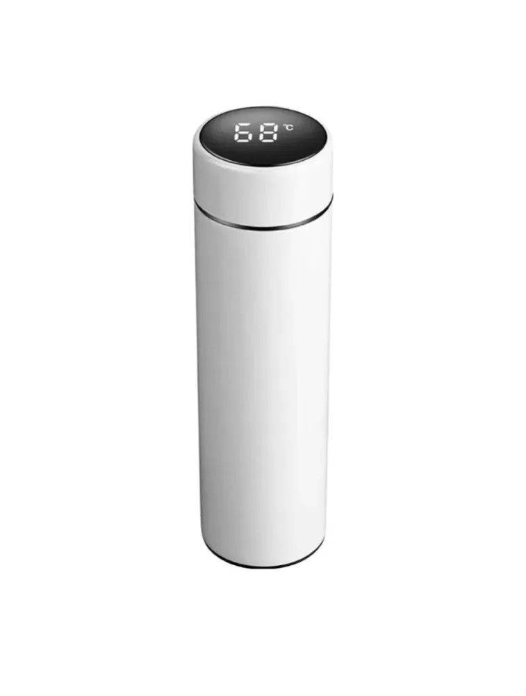 GARRAFA TÉRMICA EM AÇO INOX 500ML COM TERMÔMETRO DIGITAL LED TOUCH BRANCA