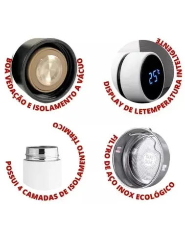 GARRAFA TÉRMICA EM AÇO INOX 500ML COM TERMÔMETRO DIGITAL LED TOUCH BRANCA