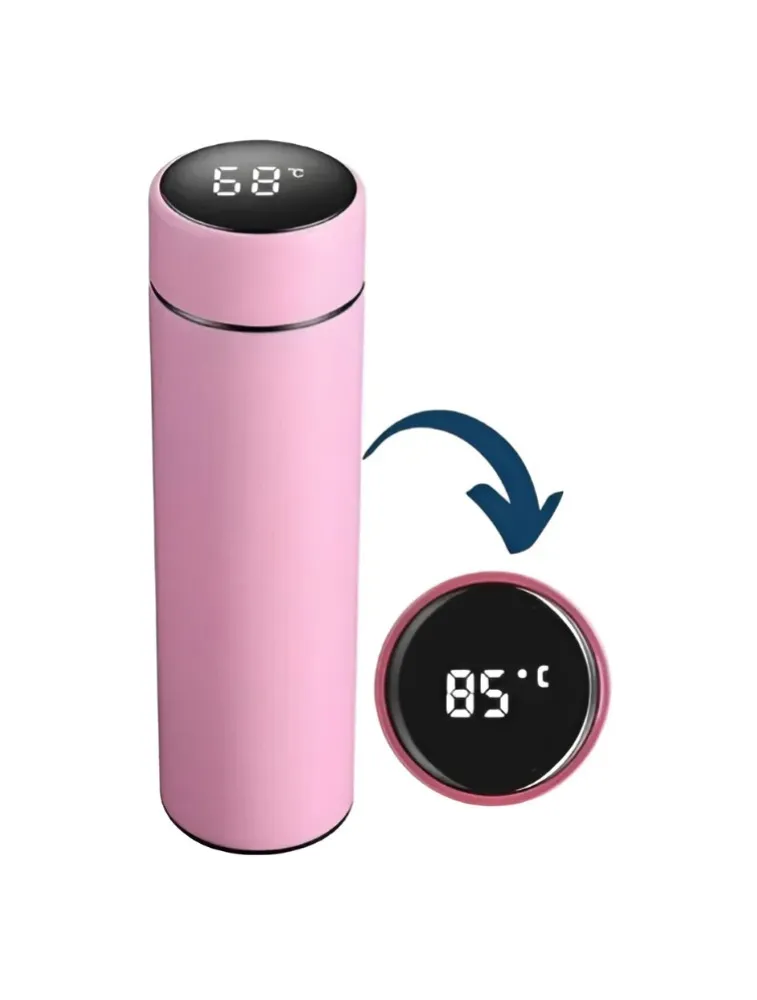 GARRAFA TÉRMICA EM AÇO INOX 500ML COM TERMÔMETRO DIGITAL LED TOUCH ROSA