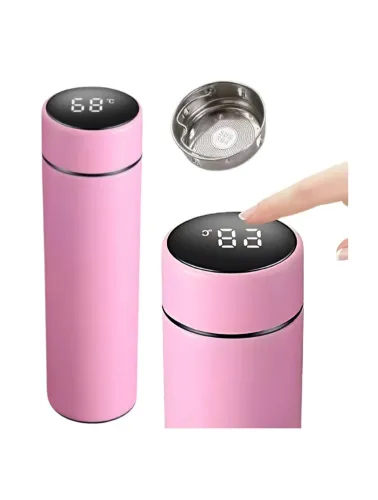 GARRAFA TÉRMICA EM AÇO INOX 500ML COM TERMÔMETRO DIGITAL LED TOUCH ROSA