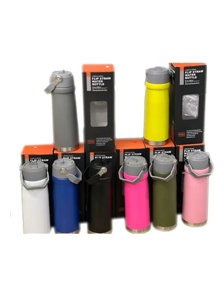 GARRAFA TÉRMICA 650ML AÇO INOX CANUDO BICO FLIP ANTIVAZAMENTO PAREDE DUPLA