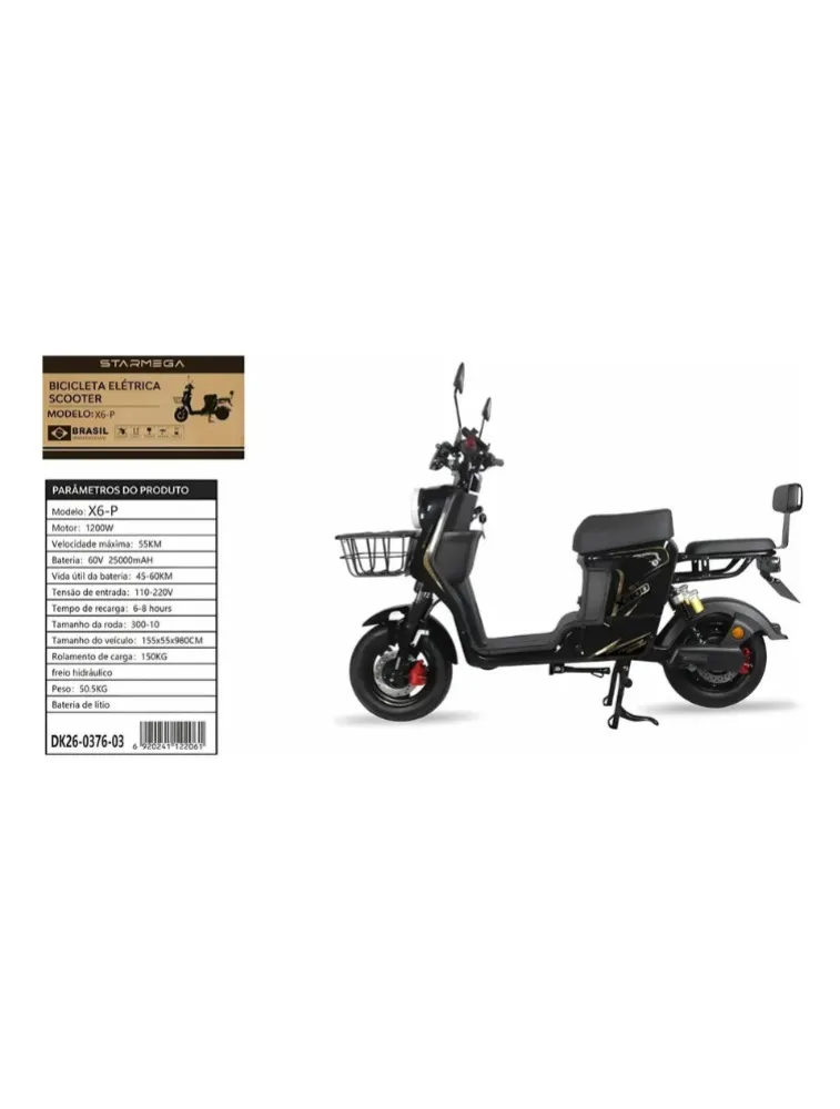 BICICLETA ELÉTRICA SCOOTER BIVOLT 1200W 60V 25000MAH X6-P PRETO