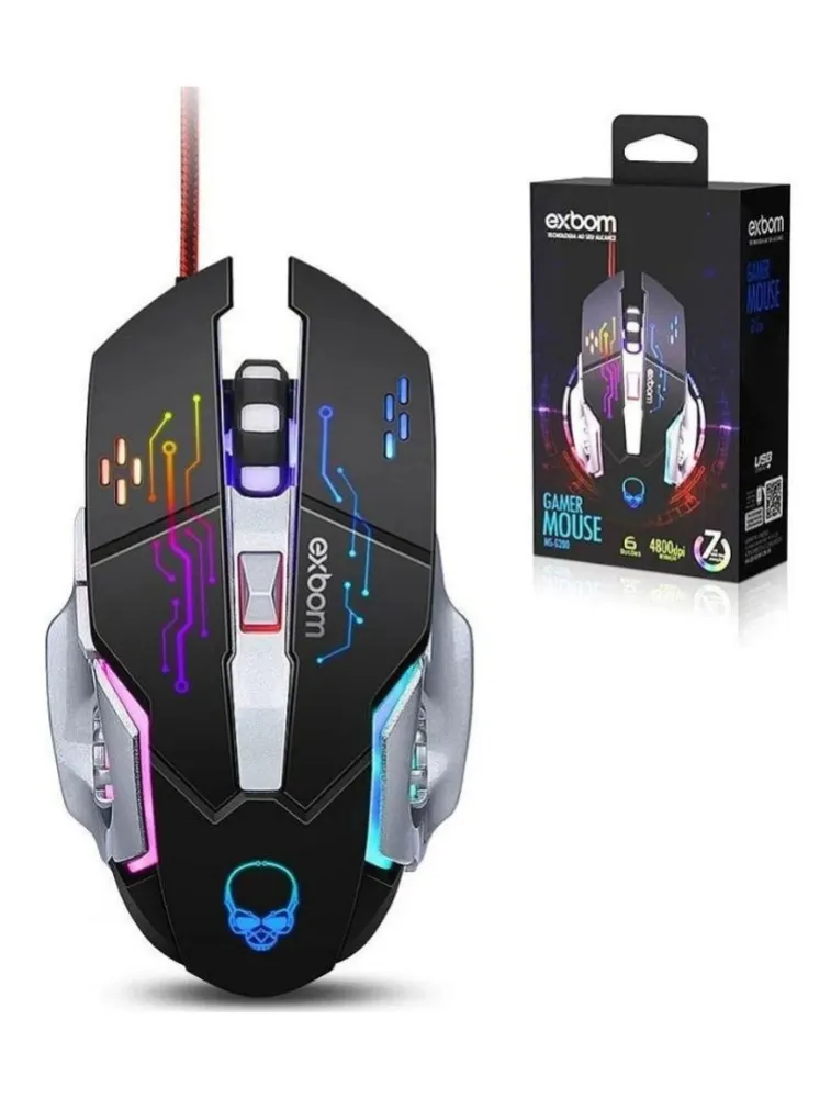 MOUSE GAMER 6 BOTÕES 4800DPI 4 MODOS CABO 1.5M EXBOM MS-G280 PRETO/PRATA