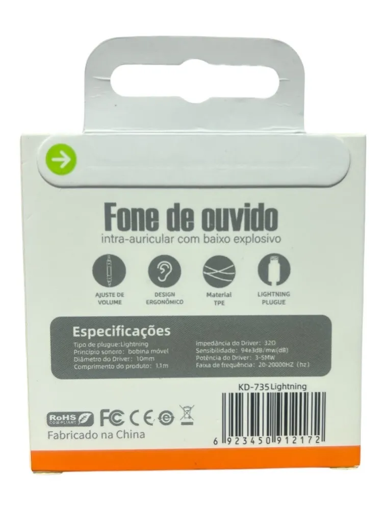 FONE DE OUVIDO COM FIO PARA IPHONE LIGHTNING KAIDI KD-735