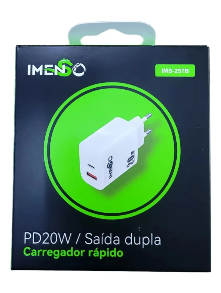CARREGADOR TURBO SAÍDA DUPLA USB A + USB C IMENSO IMS-257B BRANCO