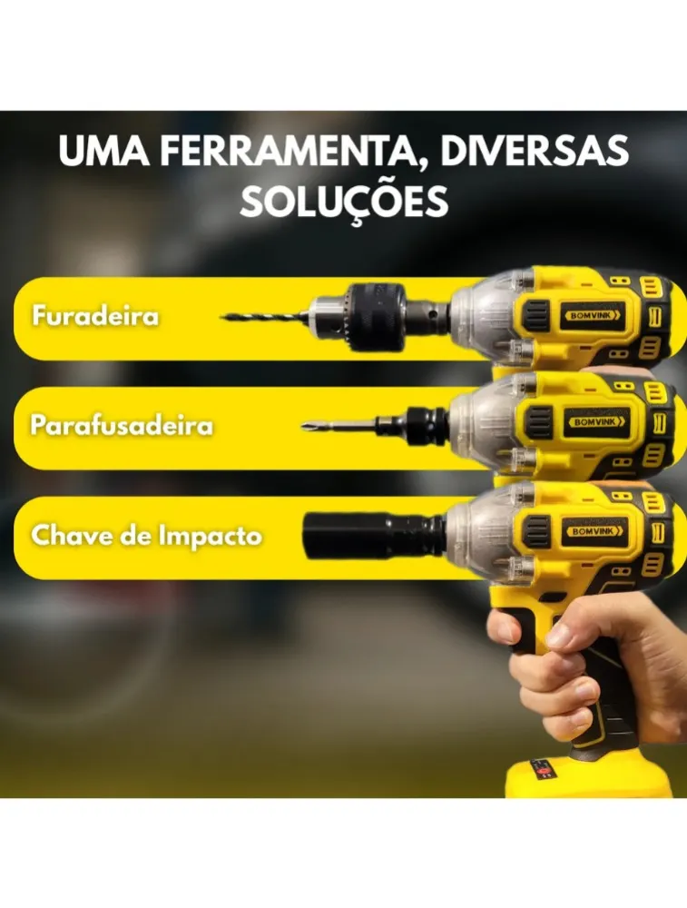PARAFUSADEIRA DE IMPACTO FURADEIRA SEM FIO 21V BOMDER MALETA BOM-9966 2 BATERIA 21V BIVOLT