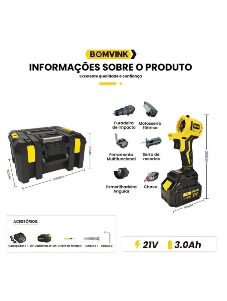 KIT 6 EM 1 FURADEIRA PARAFUSADEIRA MOTOSERRA MULTIFUNCIONAL COR AMARELO FREQUÊNCIA 50/60 HZ 110V/220V BOM-9712