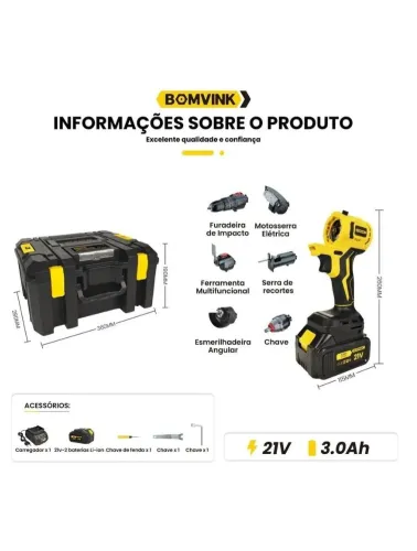 KIT 6 EM 1 FURADEIRA PARAFUSADEIRA MOTOSERRA MULTIFUNCIONAL COR AMARELO FREQUÊNCIA 50/60 HZ 110V/220V BOM-9712