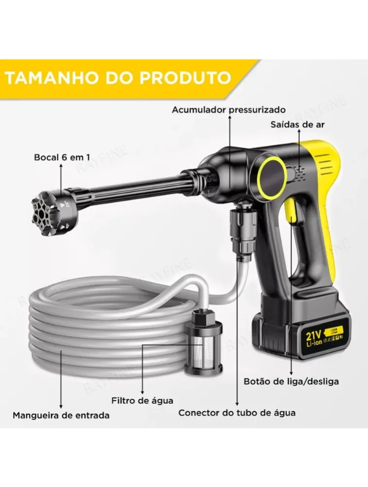 LAVADORA DE ALTA PRESSÃO PROFISSIONAL RECARREGÁVEL PORTÁTIL BOMVINK BOM-7006