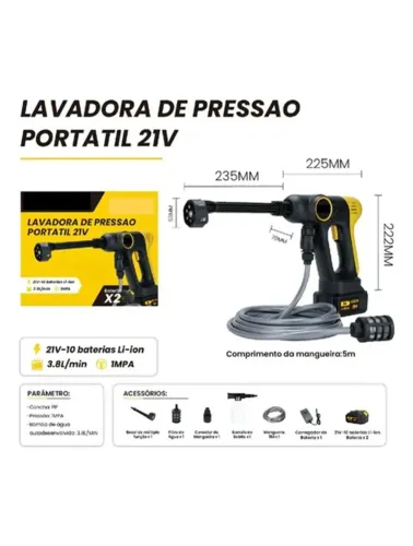LAVADORA DE ALTA PRESSÃO PROFISSIONAL RECARREGÁVEL PORTÁTIL BOMVINK BOM-7006
