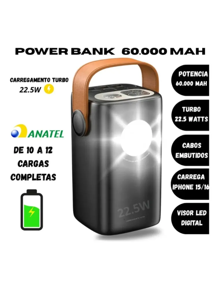POWER BANK 60000 MAH CARREGADOR PORTATIL TURBO RAPIDO ELETRO MEX EL-2985