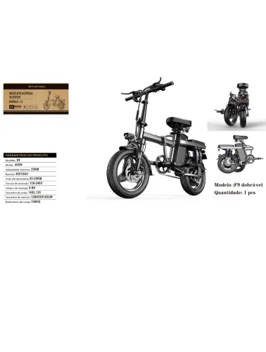 BIKE ELÉTRICA F9 SCOOTER DOBRÁVEL  400W 25KM/H FREIO A DISCO BATERIA 48V 10AH REMOVÍVEL SUPORTA 150KG