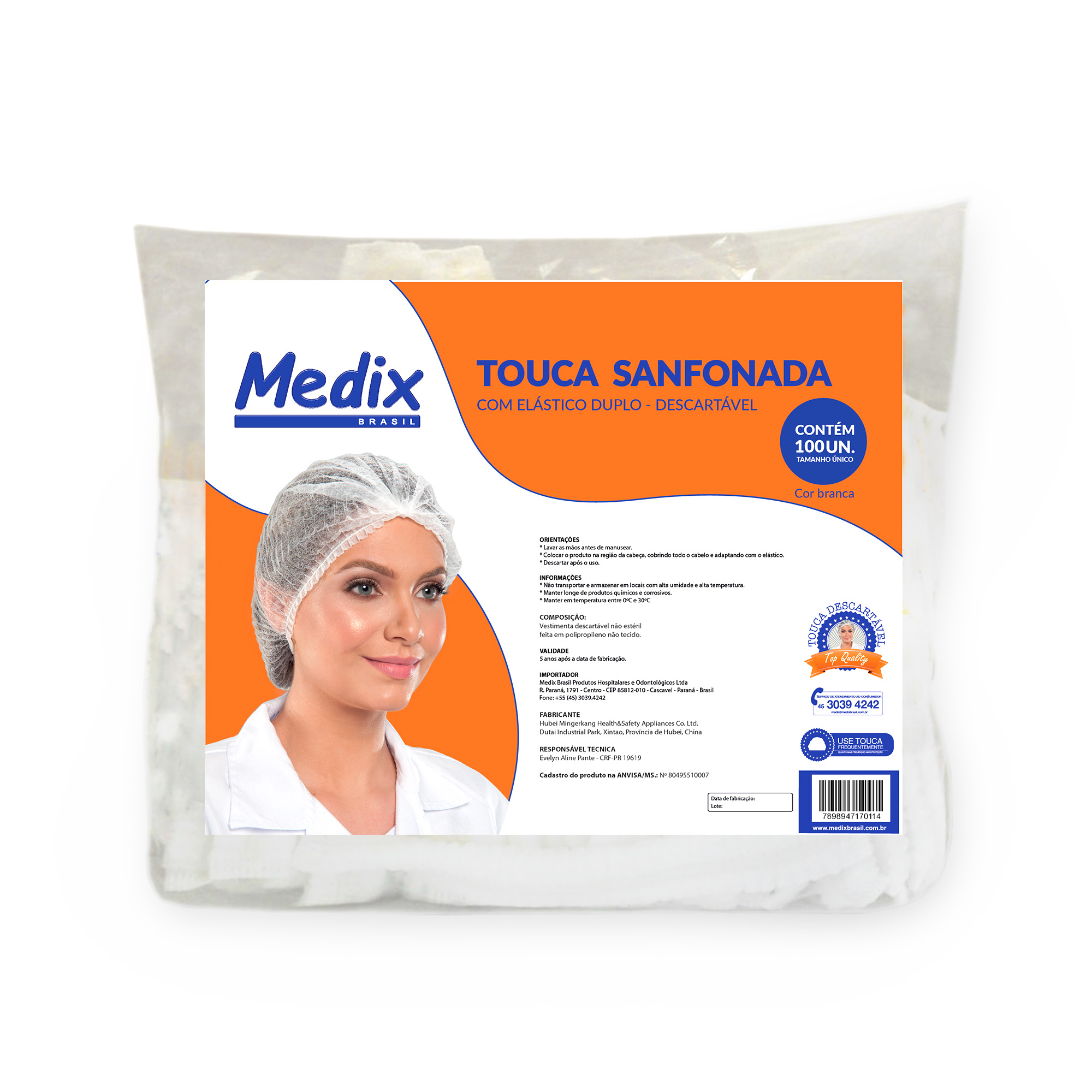 Touca Sanfonada C/Elastico Branca 100UN - Medix